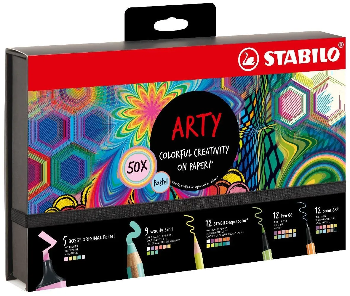 STABILO Art Creative Set Pastel - Pack Of 50 - Highlighters, Multi-Talent Pens, Watercolour Colouring Pencils, Fineliner 