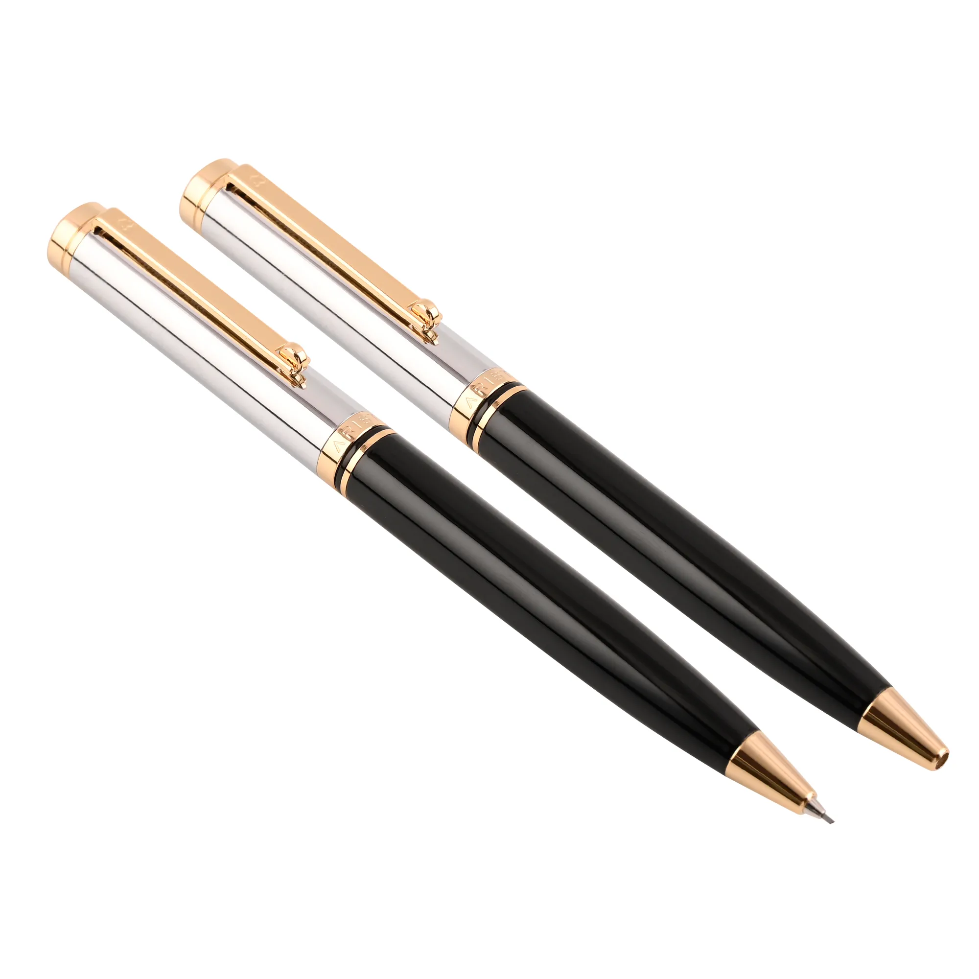 Arista Dual-Function Switch Ballpoint Pen | Black Barrel | Chrome Cap | 24 CT Gold Plated Trim | With 0.7 MM Mechanical Pencil 