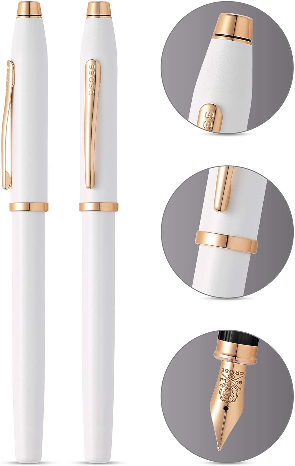 Cross Century II Pearlescent White Lacquer With Rose Gold PVD Trim Fountain Pen – Medium Nib